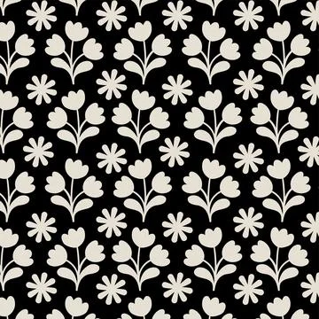 A seamless pattern of stylized flowers and foliage in beige and black Stock Illustration