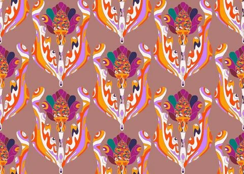 Seamless pattern with stylized flowers and leaves in folk art style. Vintage  Stock Illustration