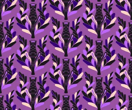Seamless pattern with stylized flowers and leaves in folk art style. Vintage  Stock Illustration