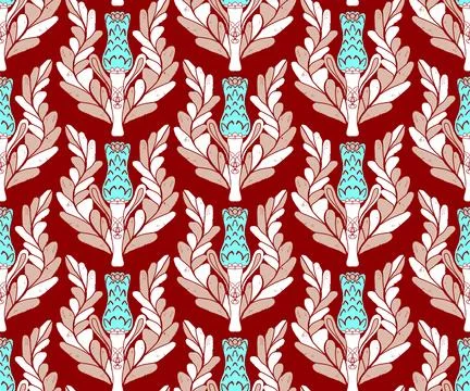Seamless pattern with stylized flowers and leaves in folk art style. Vintage  Stock Illustration