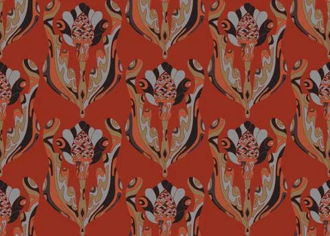 Seamless pattern with stylized flowers and leaves in folk art style. Vintage  Stock Illustration