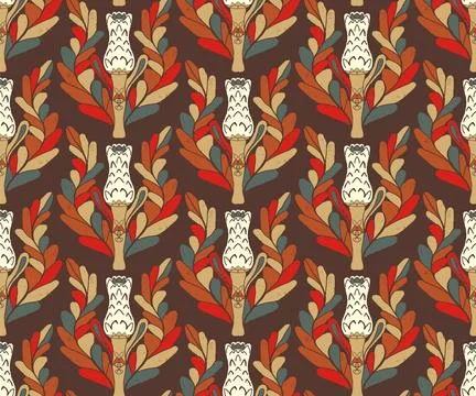 Seamless pattern with stylized flowers and leaves in folk art style. Vintage  Stock Illustration