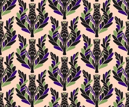 Seamless pattern with stylized flowers and leaves in folk art style. Vintage  Stock Illustration