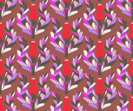 Seamless pattern with stylized flowers and leaves in folk art style. Vintage  Stock Illustration