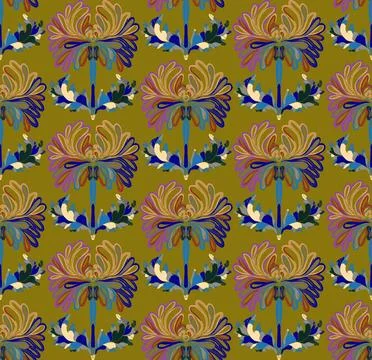 Seamless pattern with stylized flowers and leaves in folk art style. Vintage  Stock Illustration