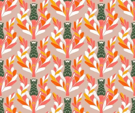 Seamless pattern with stylized flowers and leaves in folk art style. Vintage  Illustrazione stock