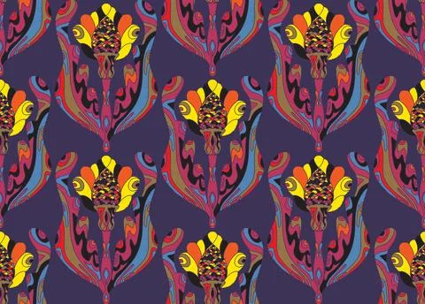 Seamless pattern with stylized flowers and leaves in folk art style. Vintage  Stock Illustration