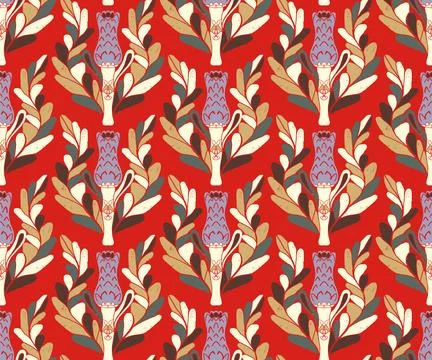 Seamless pattern with stylized flowers and leaves in folk art style. Vintage  Stock Illustration