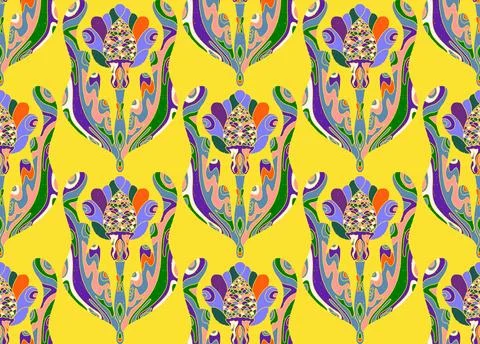 Seamless pattern with stylized flowers and leaves in folk art style. Vintage  Stock Illustration