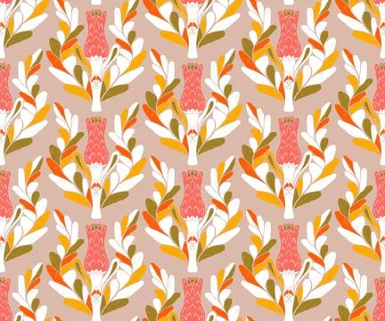 Seamless pattern with stylized flowers and leaves in folk art style. Vintage  Stock Illustration