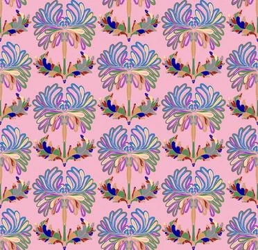 Seamless pattern with stylized flowers and leaves in folk art style. Vintage  Stock Illustration