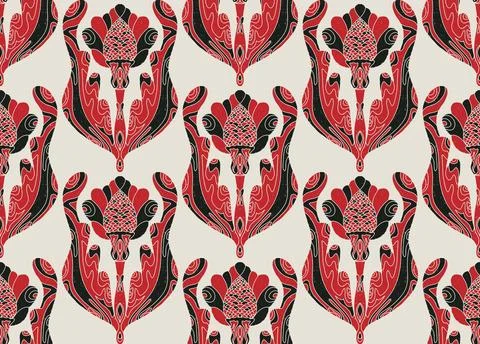 Seamless pattern with stylized flowers and leaves in folk art style. Vintage  Stockillustratie