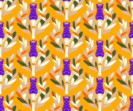 Seamless pattern with stylized flowers and leaves in folk art style. Vintage  Stockillustratie
