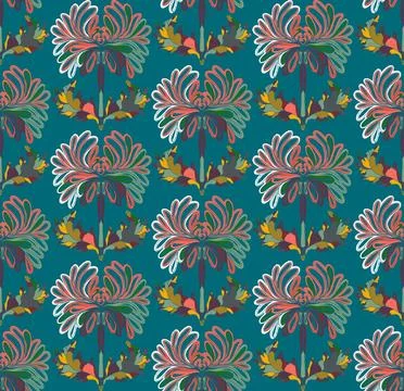 Seamless pattern with stylized flowers and leaves in folk art style. Vintage  Stock Illustration