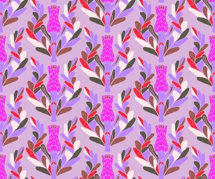Seamless pattern with stylized flowers and leaves in folk art style. Vintage  Stock Illustration