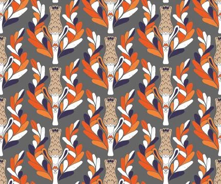 Seamless pattern with stylized flowers and leaves in folk art style. Vintage  Illustrazione stock