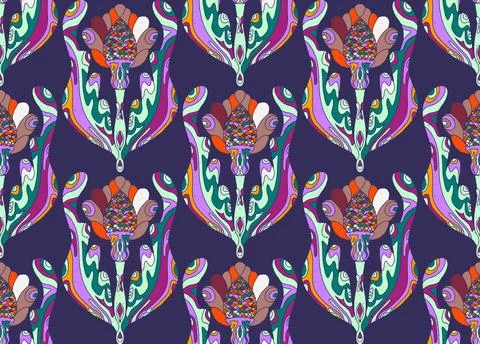 Seamless pattern with stylized flowers and leaves in folk art style. Vintage  Stock Illustration