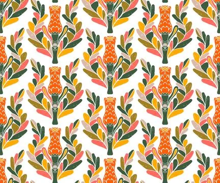 Seamless pattern with stylized flowers and leaves in folk art style. Vintage  Illustrazione stock
