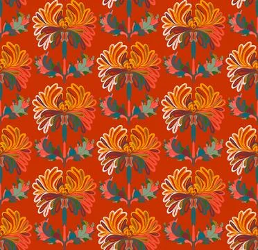 Seamless pattern with stylized flowers and leaves in folk art style. Vintage  Stock Illustration