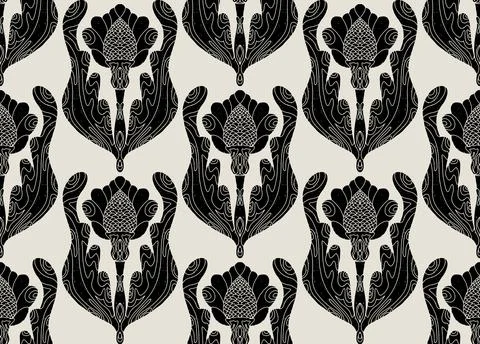 Seamless pattern with stylized flowers and leaves in folk art style. Vintage  Stock Illustration