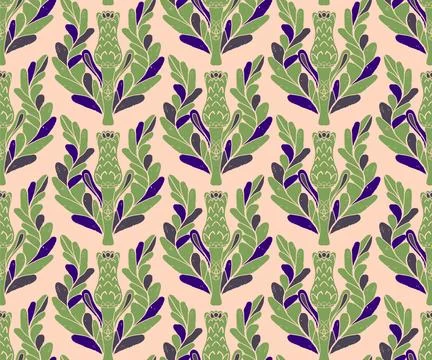 Seamless pattern with stylized flowers and leaves in folk art style. Vintage  Stock Illustration