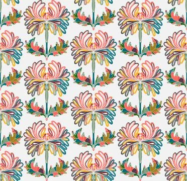 Seamless pattern with stylized flowers and leaves in folk art style. Vintage  Stock Illustration