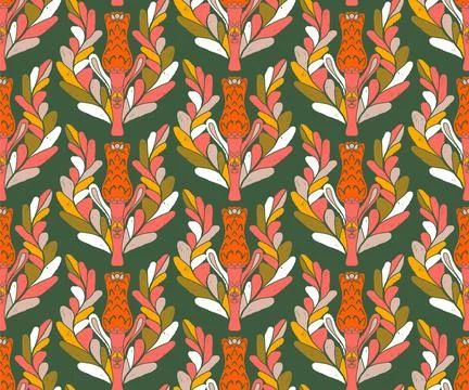 Seamless pattern with stylized flowers and leaves in folk art style. Vintage  Stock Illustration