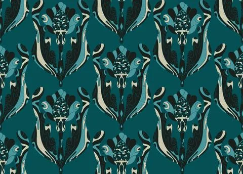 Seamless pattern with stylized flowers and leaves in folk art style. Vintage  Stock Illustration