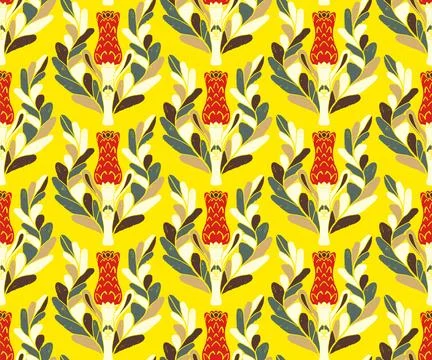 Seamless pattern with stylized flowers and leaves in folk art style. Vintage  Stock Illustration