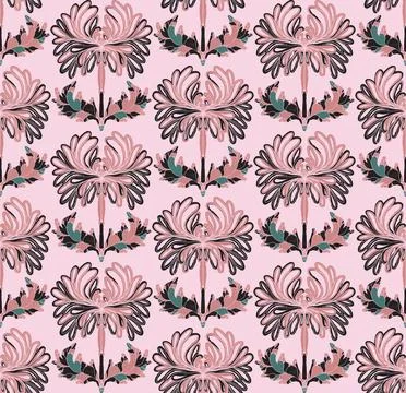 Seamless pattern with stylized flowers and leaves in folk art style. Vintage  Stock Illustration