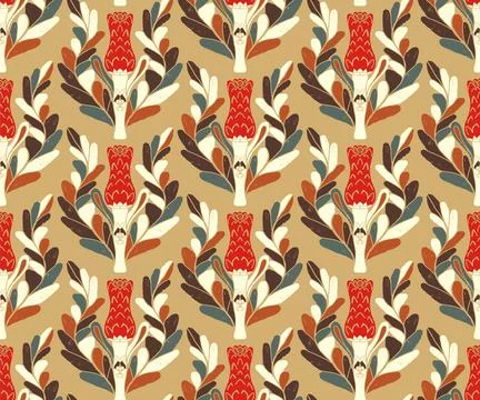 Seamless pattern with stylized flowers and leaves in folk art style. Vintage  Stock Illustration