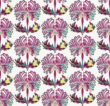 Seamless pattern with stylized flowers and leaves in folk art style. Vintage  Stock Illustration