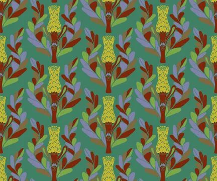 Seamless pattern with stylized flowers and leaves in folk art style. Vintage  Stock Illustration