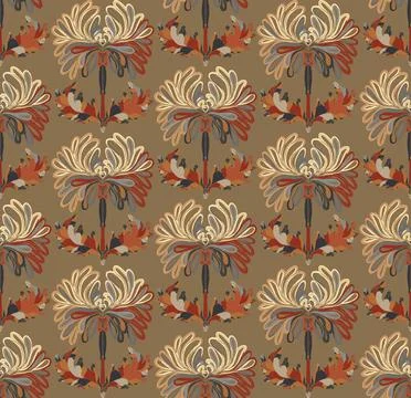 Seamless pattern with stylized flowers and leaves in folk art style. Vintage  스톡 일러스트
