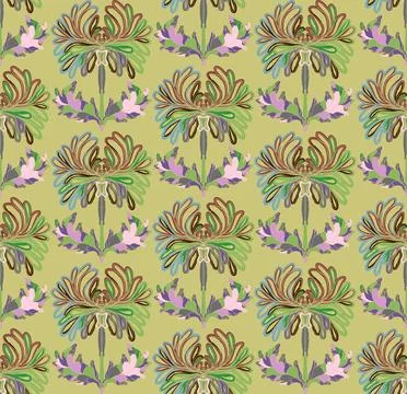 Seamless pattern with stylized flowers and leaves in folk art style. Vintage  Stock Illustration