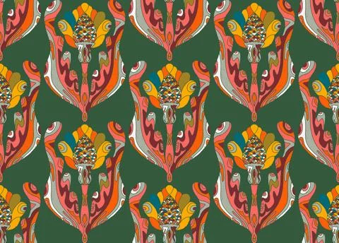 Seamless pattern with stylized flowers and leaves in folk art style. Vintage  イラスト素材