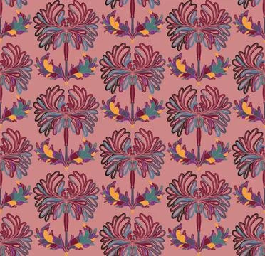 Seamless pattern with stylized flowers and leaves in folk art style. Vintage  Stock Illustration