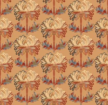 Seamless pattern with stylized flowers and leaves in folk art style. Vintage  Stock Illustration