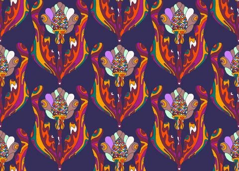 Seamless pattern with stylized flowers and leaves in folk art style. Vintage  Stock Illustration