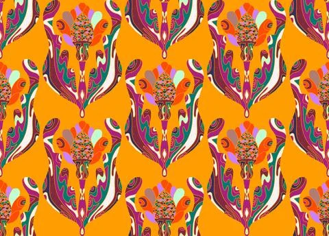 Seamless pattern with stylized flowers and leaves in folk art style. Vintage  Stock Illustration