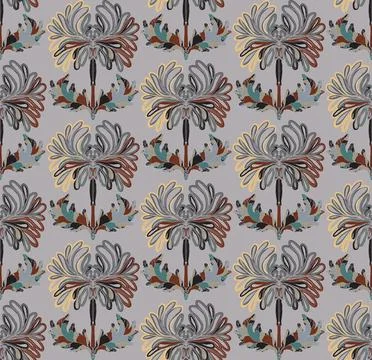 Seamless pattern with stylized flowers and leaves in folk art style. Vintage  Stock Illustration