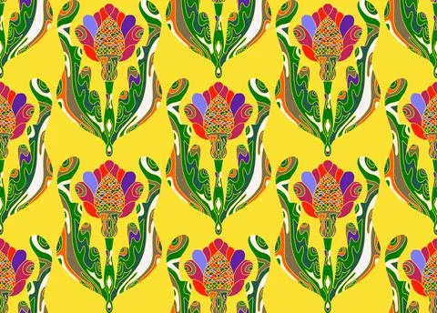 Seamless pattern with stylized flowers and leaves in folk art style. Vintage  Stock Illustration
