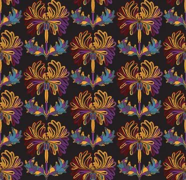 Seamless pattern with stylized flowers and leaves in folk art style. Vintage  Stock Illustration