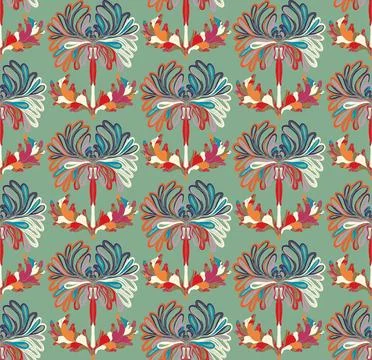 Seamless pattern with stylized flowers and leaves in folk art style. Vintage  스톡 일러스트