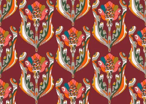 Seamless pattern with stylized flowers and leaves in folk art style. Vintage  Stock Illustration