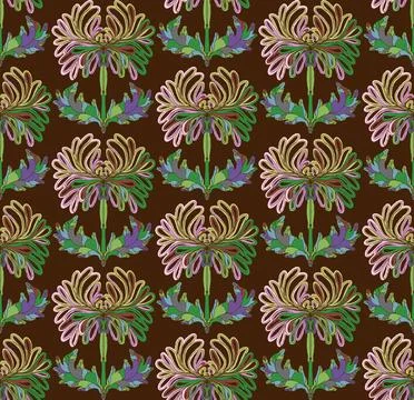 Seamless pattern with stylized flowers and leaves in folk art style. Vintage  Stock Illustration