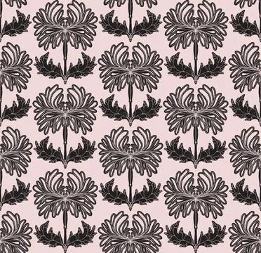 Seamless pattern with stylized flowers and leaves in folk art style. Vintage  Stock Illustration
