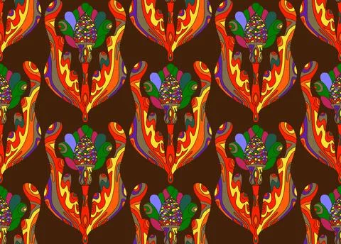 Seamless pattern with stylized flowers and leaves in folk art style. Vintage  Stock Illustration