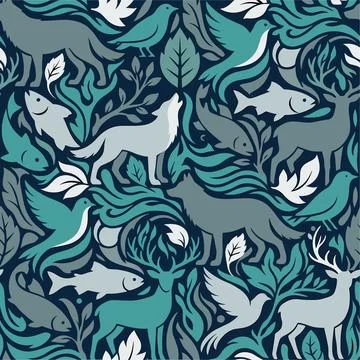 Seamless Pattern with Stylized Forest Animals and Nature Elements. Stock Illustration