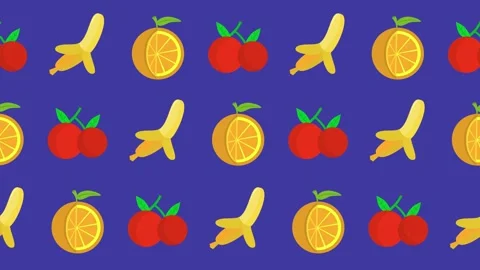 Seamless pattern of stylized fruits with orange, banana, and cherry icons Stock Footage 325589821